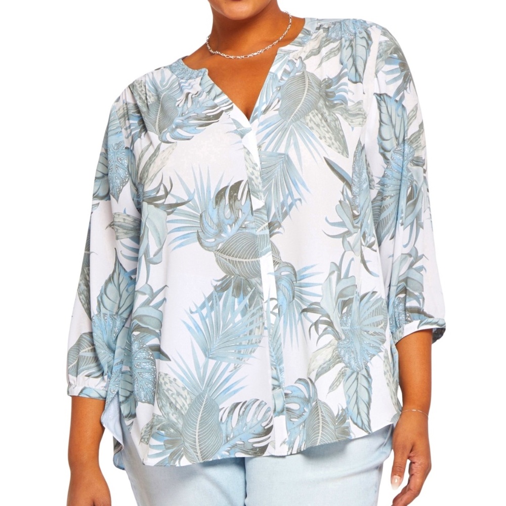 NWT NYDJ Semisheer Pintuck Palm Print Blouse